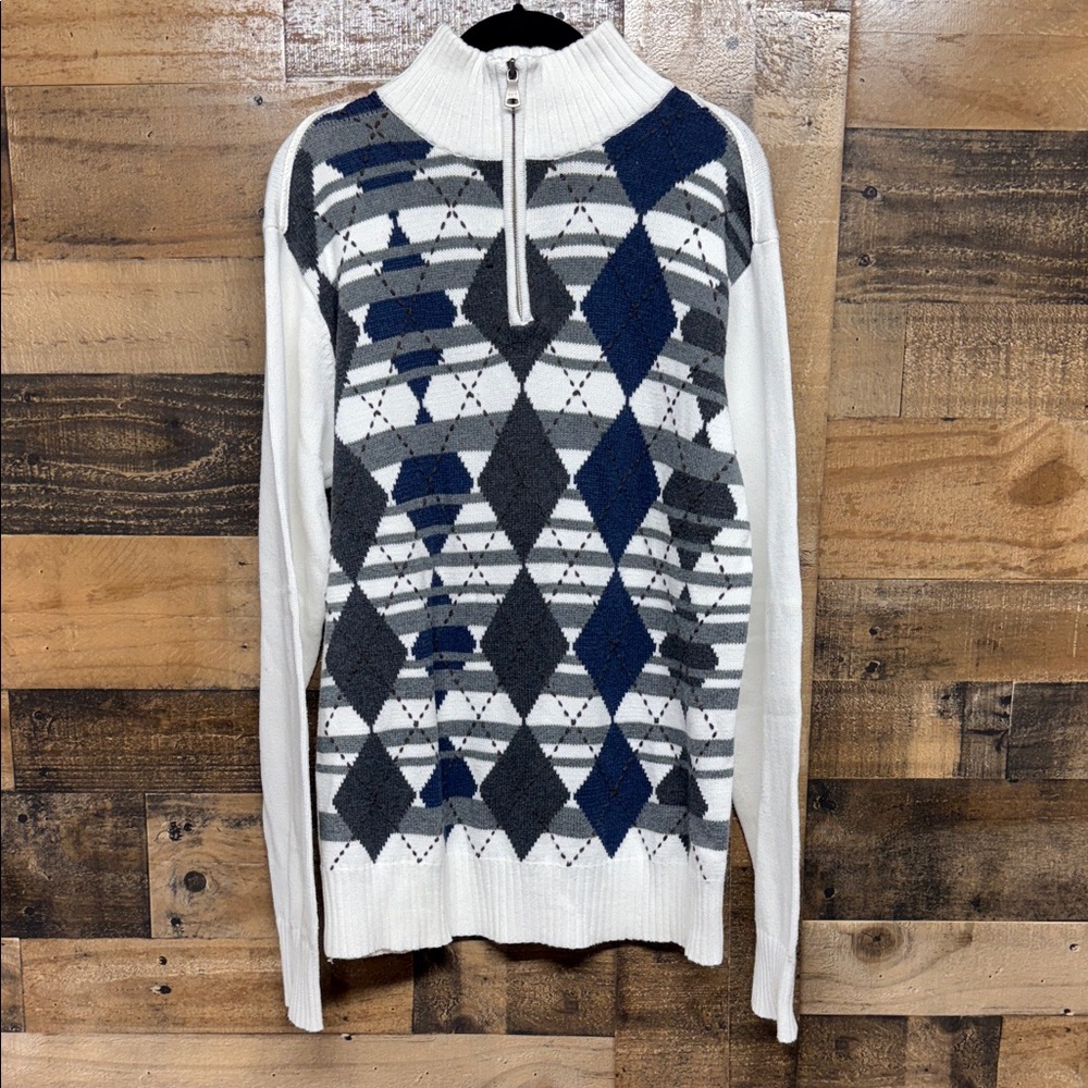 Buckle Sweater Men's Large‎ White Diamond Argyle Mock Neck 1/4 Zip Pullover